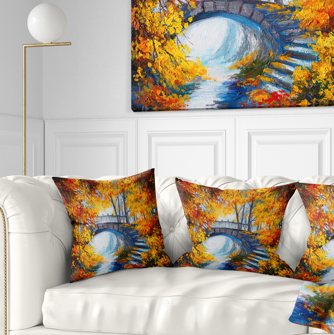 Designart Fall Forest with a Bridge - Landscape Printed Throw Pillow - 18x18