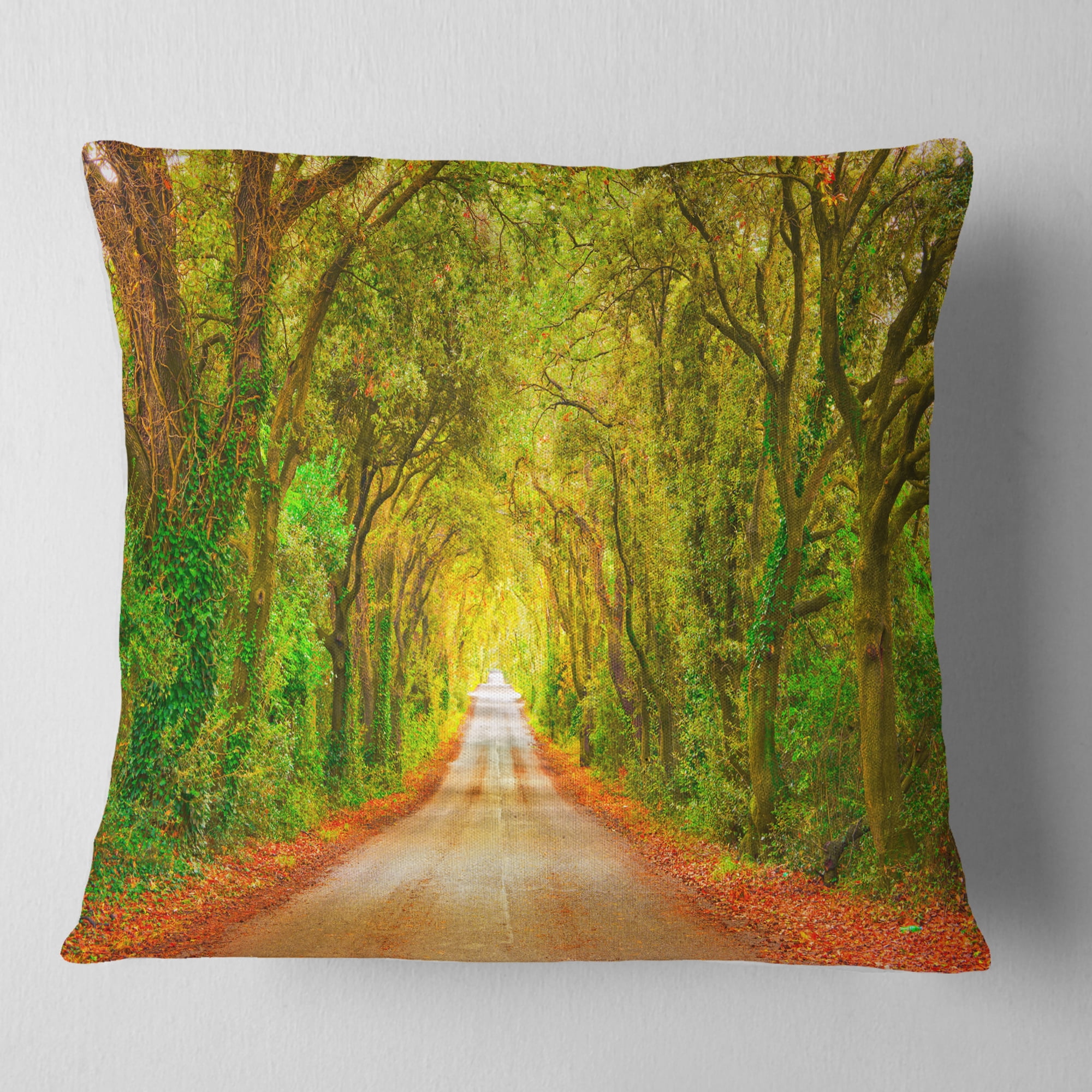 Designart Fall Greenery and Road Straight Ahead - Forest Throw Pillow - 16x16