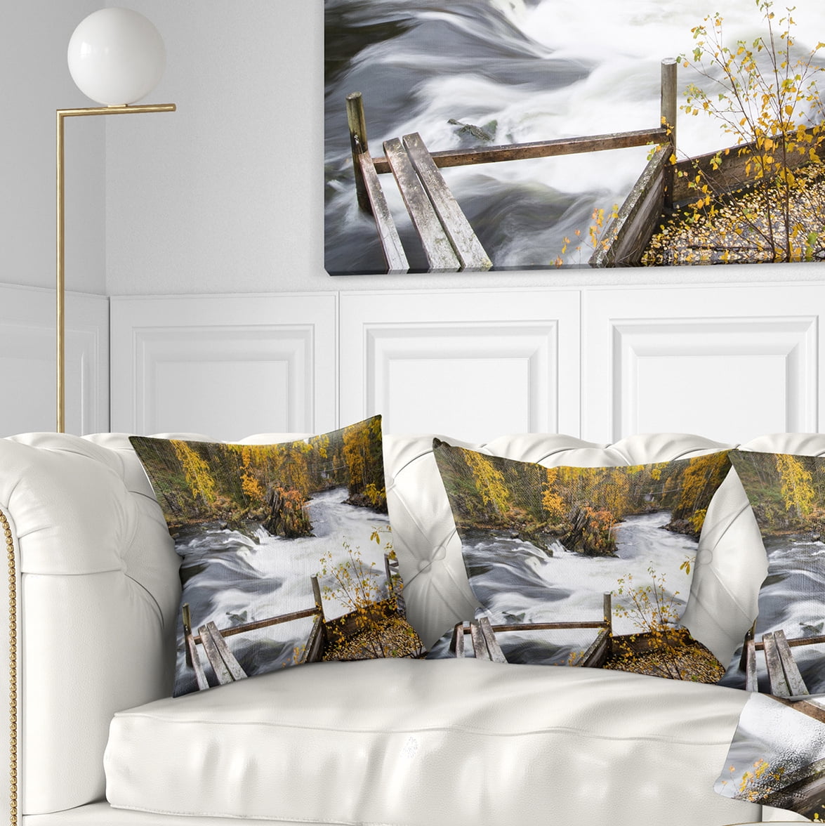 Designart Fall River Over Riffles and Rocks - Landscape Photography Throw Pillow - 16x16