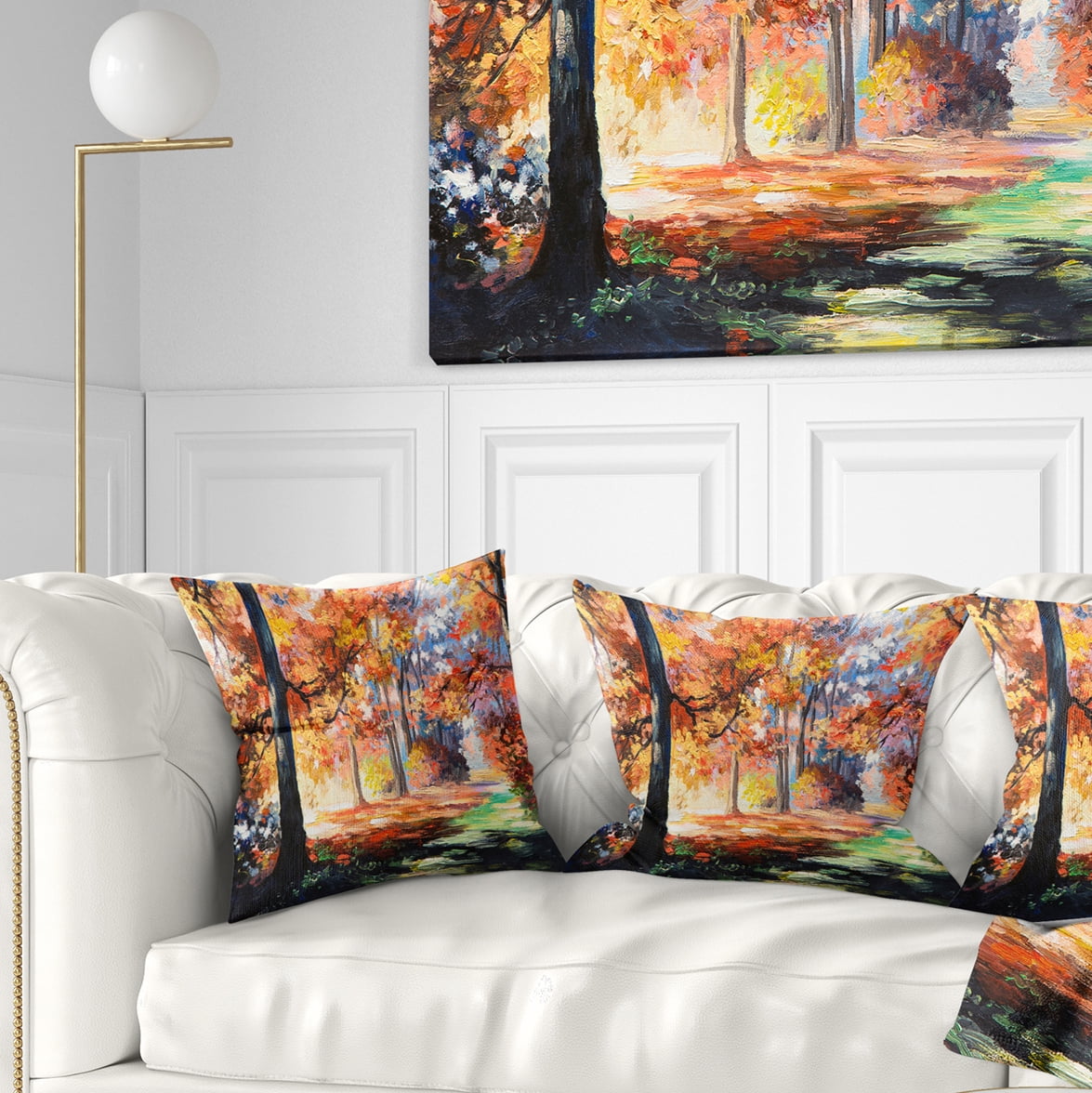Designart Fall Trail in Forest - Landscape Printed Throw Pillow - 16x16