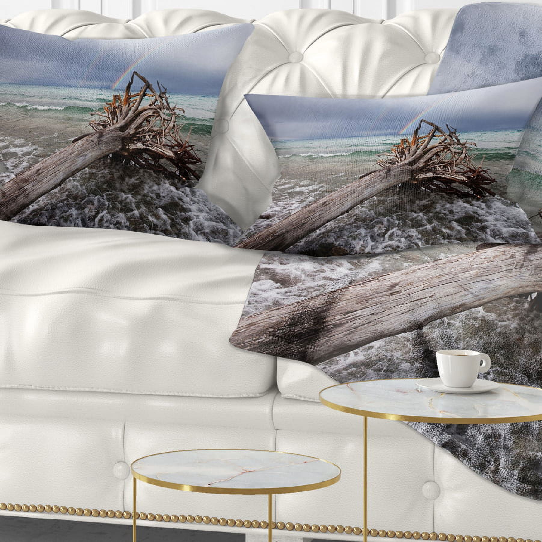 Designart Fallen Tree in Storm At Seashore - Seascape Throw Pillow - 12x20