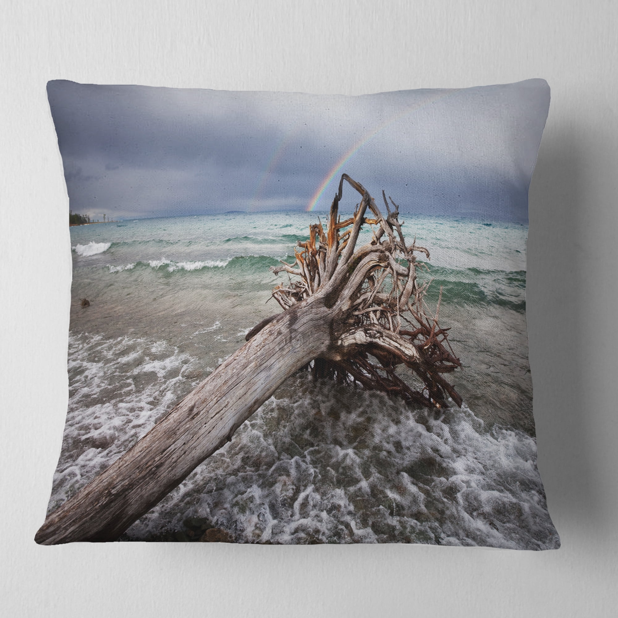 Designart Fallen Tree in Storm At Seashore - Seascape Throw Pillow - 18x18