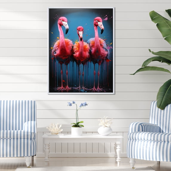 Designart "Family Fun Flamingo Beach Scenes" Coastal Framed Wall Art - Coastal Pink Coastal Tropical Hallway Framed Wall Art Decor