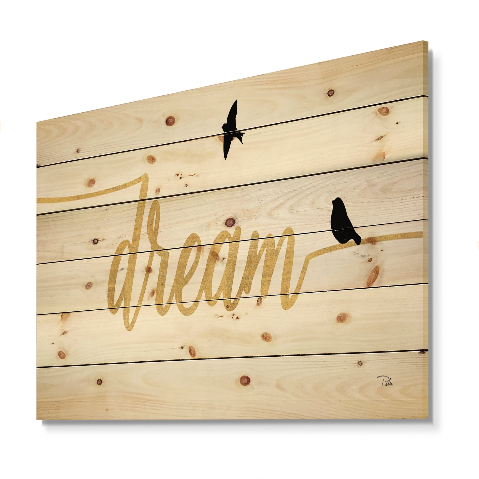 Designart 'Family of Birds on Gold Dream Word' Cottage Print on Natural Pine Wood