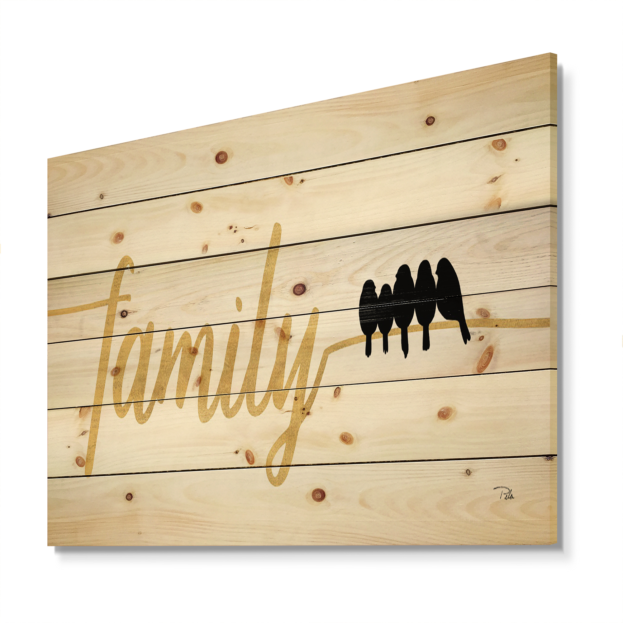 Designart 'Family of Birds on Gold Words II' Cottage Print on Natural Pine Wood