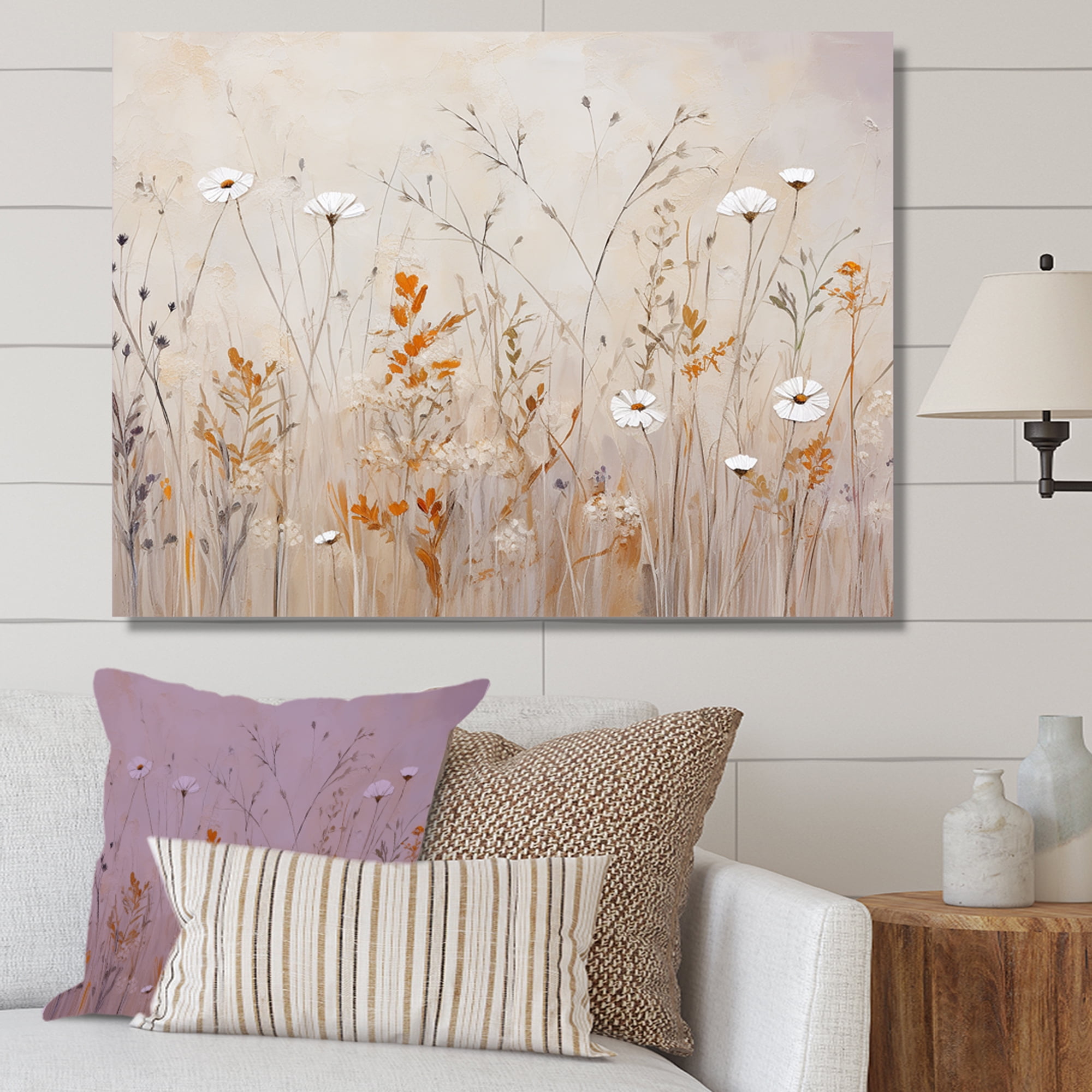 Beige and White Floral Fantasy Canvas Print on Pine Frame