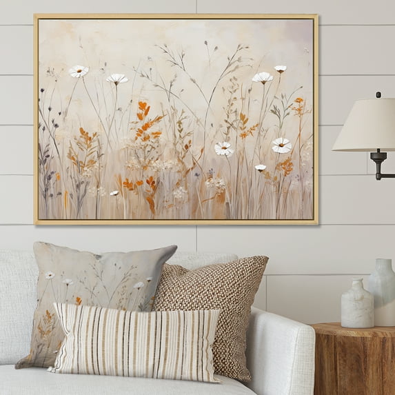 Designart "Fantasia Of Beige Wildflowers I" Wildflowers Floater Framed Canvas Wall Art