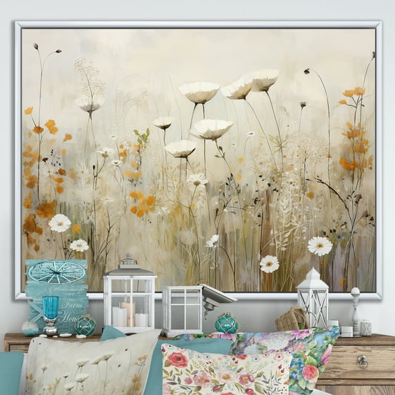 Designart "Fantasia Of Beige Wildflowers II" Wildflowers Floater Framed Canvas Prints