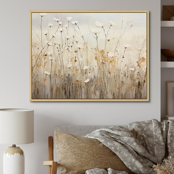 Designart "Fantasia Of Beige Wildflowers" Wildflowers Floater Framed Wall Art Living Room