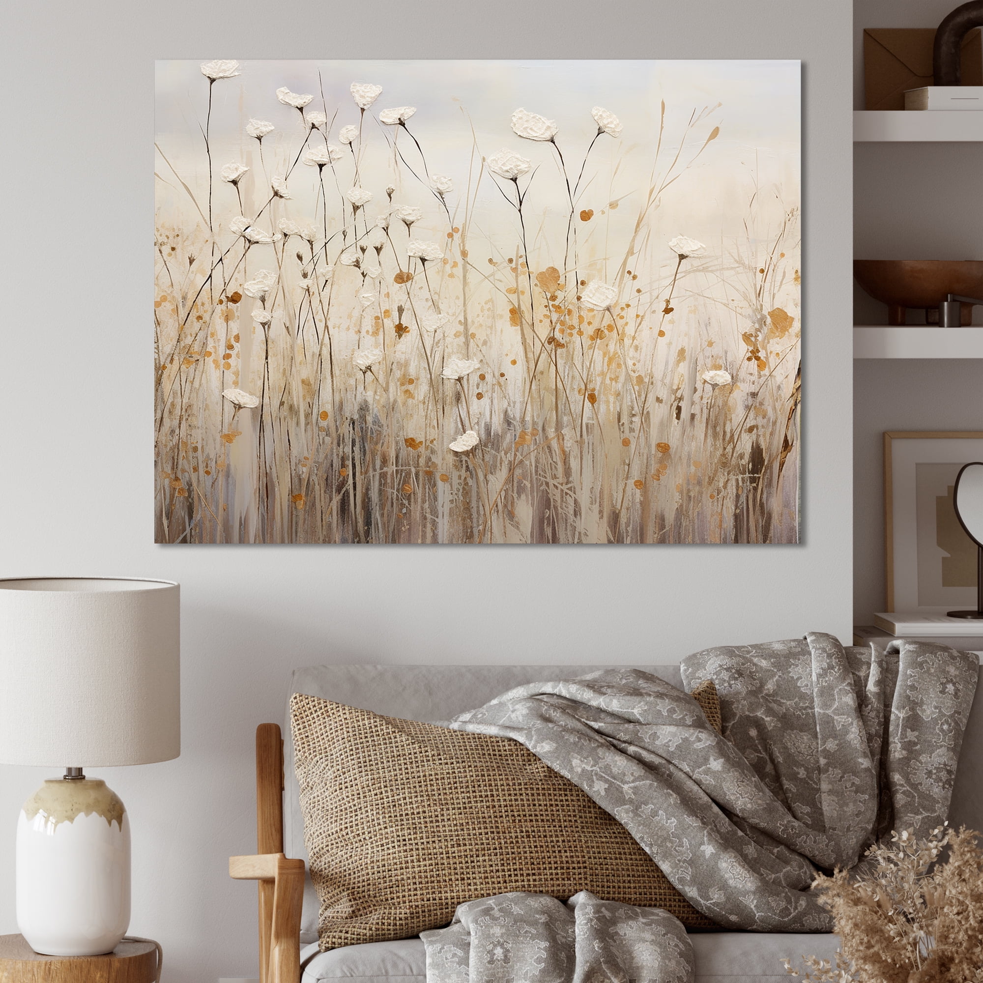 Beige and White Floral Canvas Print on Pine Wood Frame