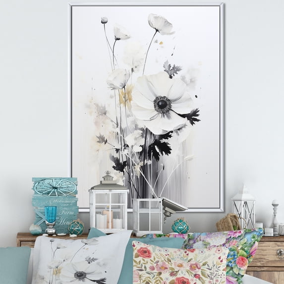 Designart "Fantasia Of White Wildflowers II" Wildflowers Floater Framed Wall Art Prints