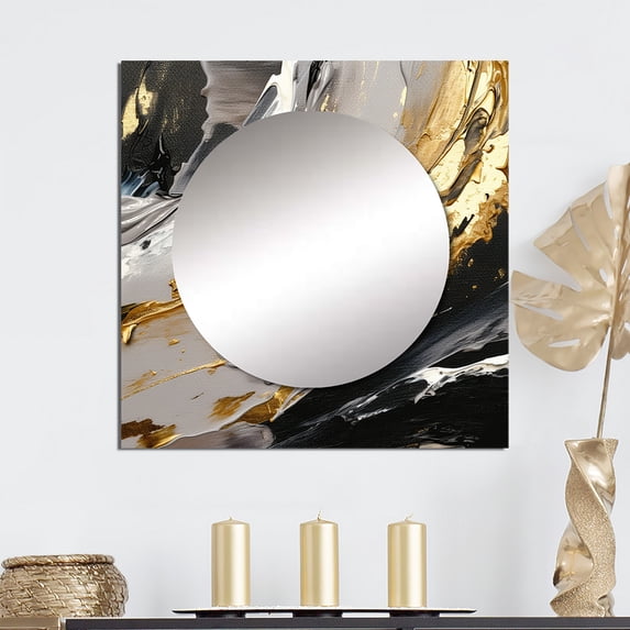Designart "Fantasies Of Prosperity Black And Gold I" Abstract Painting Square Mirror For Wall Decor - Large Gold Square Printed Wall Mirror Art - Wall Mounted Square Large Mirror