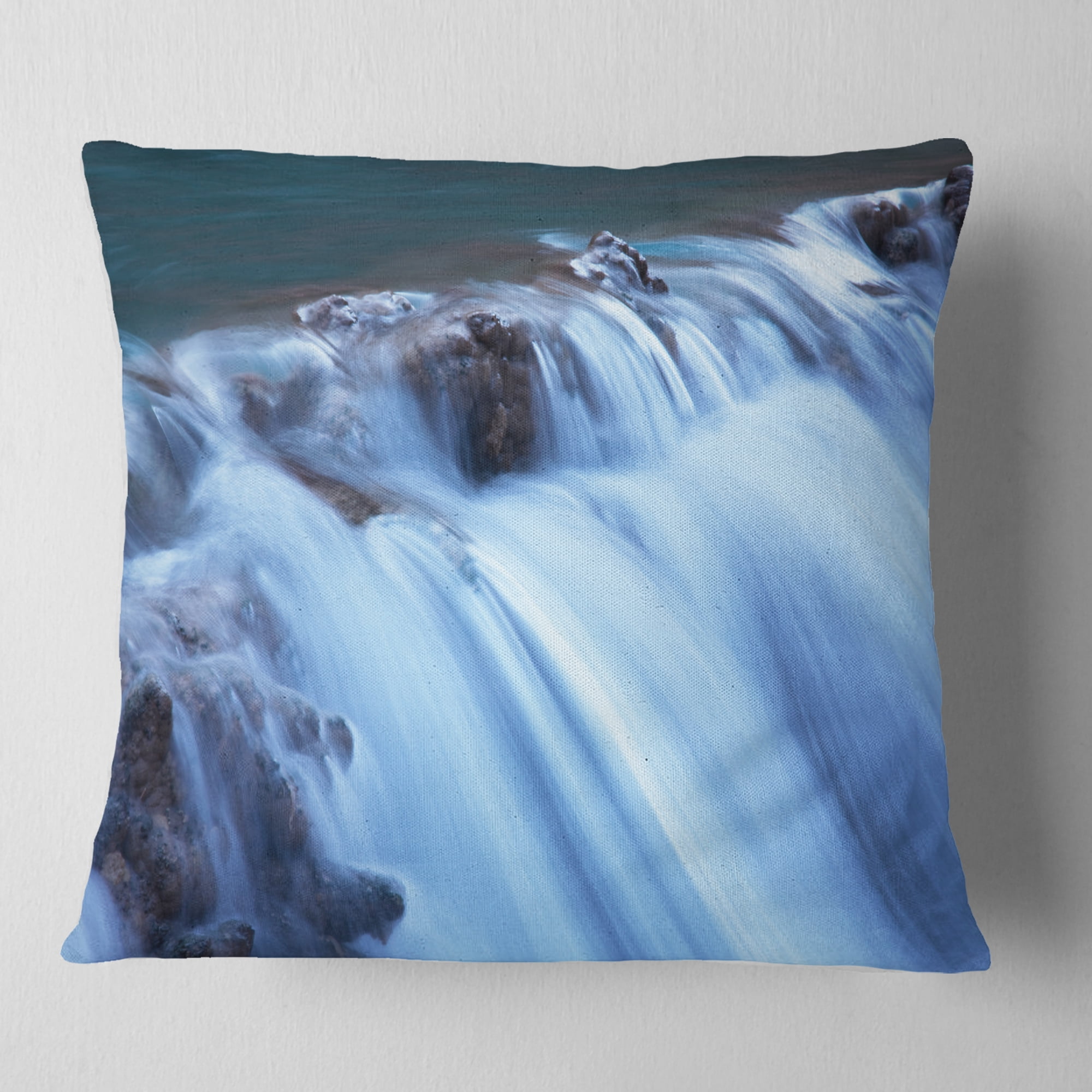 Designart Fantastic Blue Water Cascade - Landscape Printed Throw Pillow - 16x16