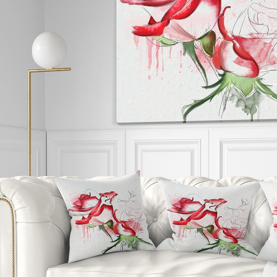 Designart Fantastic Red Roses Watercolor - Floral Throw Pillow - 16x16