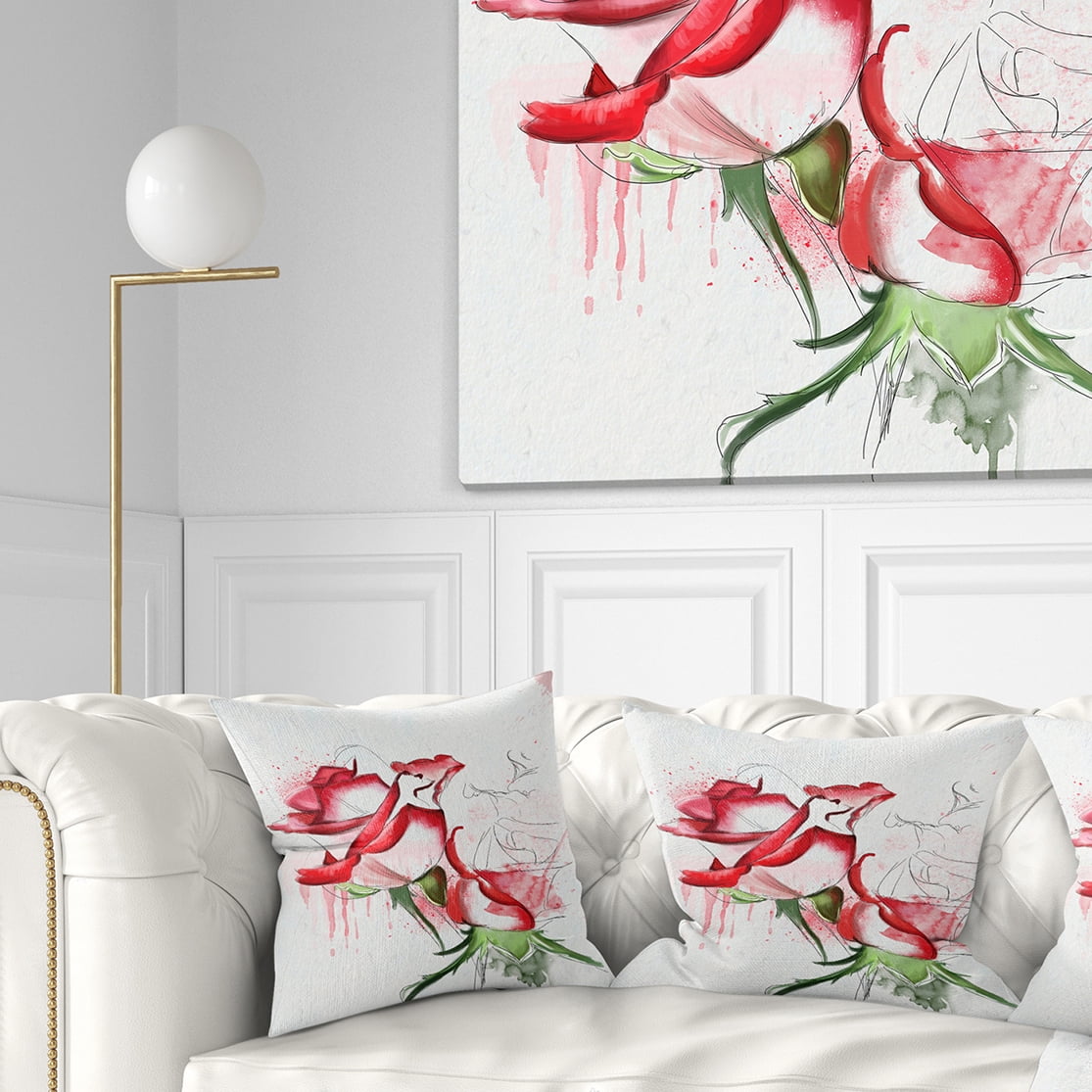 Designart Fantastic Red Roses Watercolor - Floral Throw Pillow - 18x18