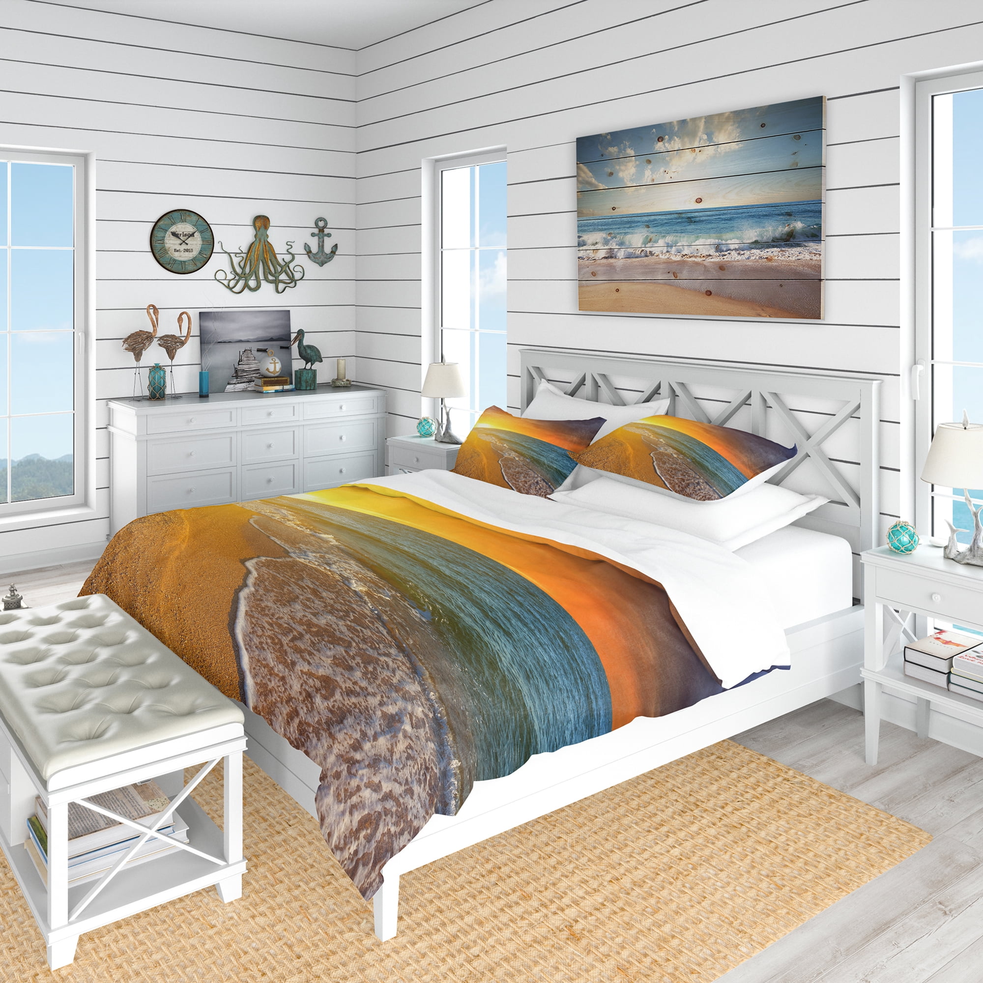 Designart 'Fantastic Yellow Sky in Blue Beach' Coastal Duvet Cover Set