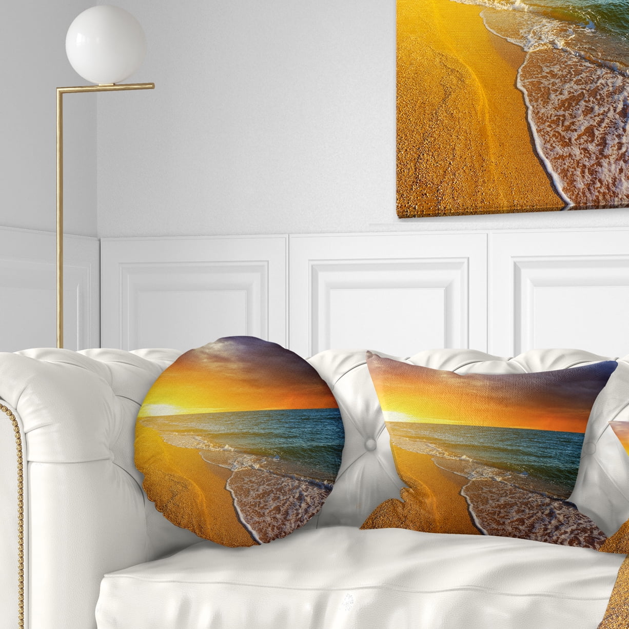 Designart Fantastic Yellow Sky in Blue Beach - Seashore Throw Pillow - 12x20