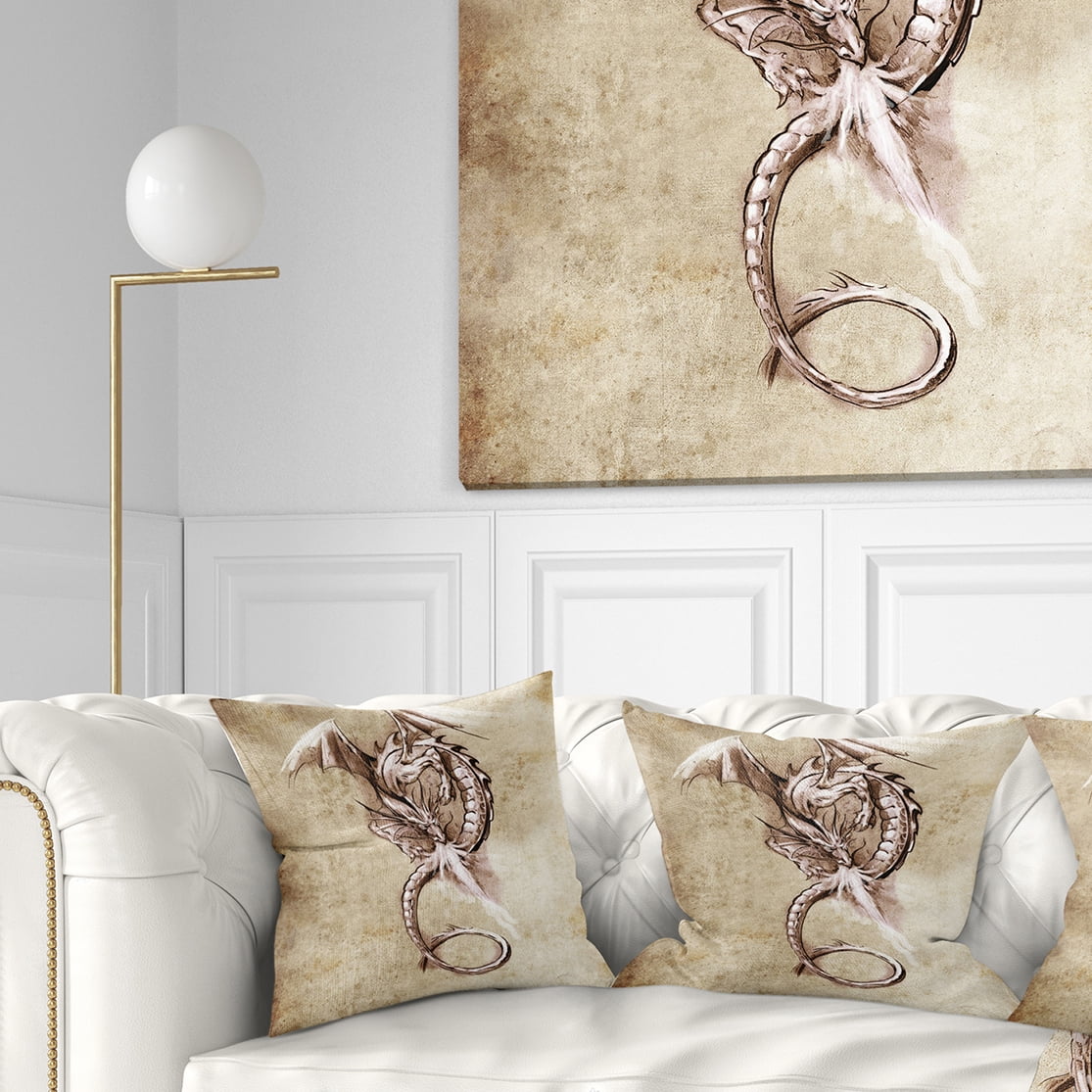 Designart Fantasy Dragon Tattoo Sketch - Abstract Throw Pillow - 18x18