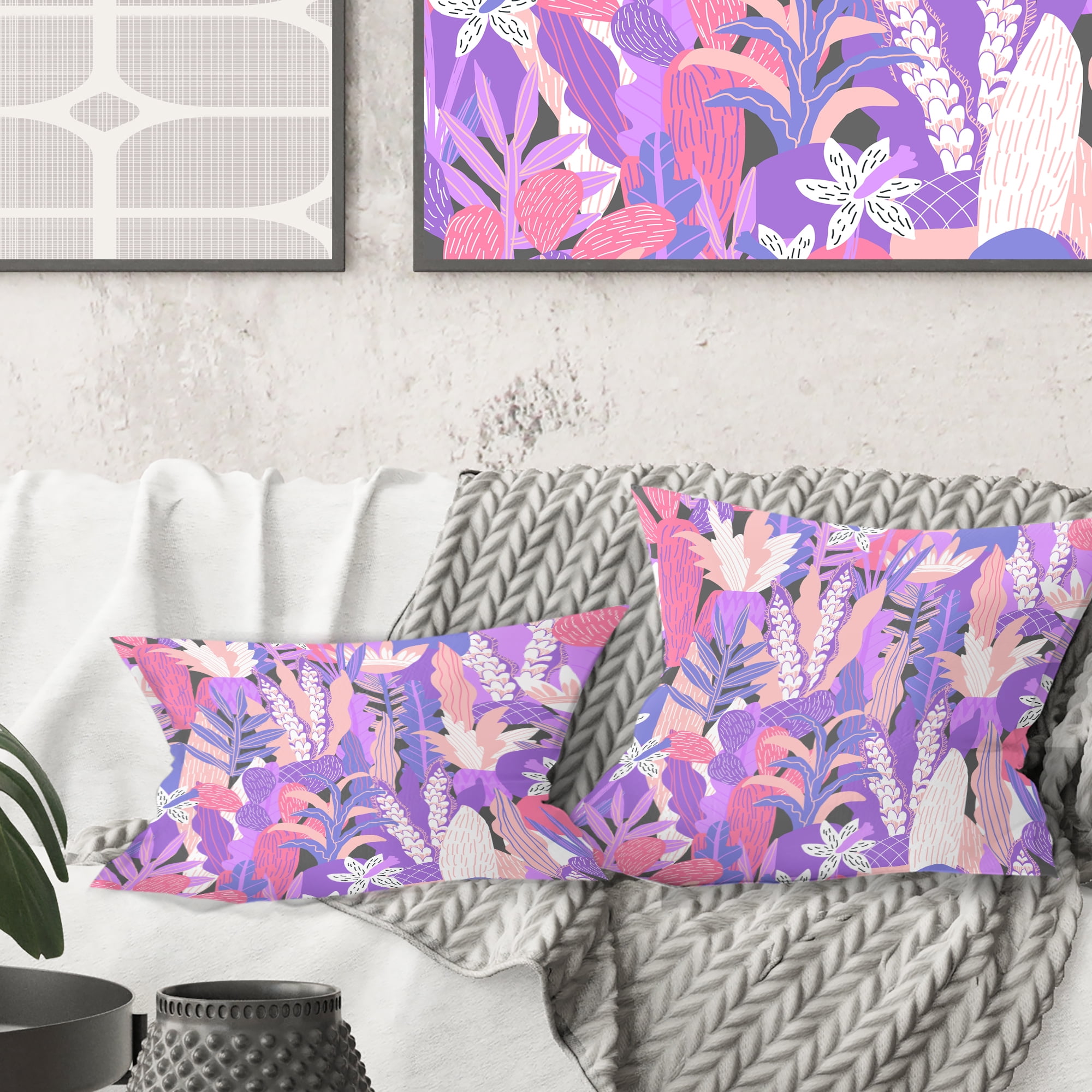 Designart Fantasy Flowers In Purple' Mid-Century Modern Throw Pillow - 16x16