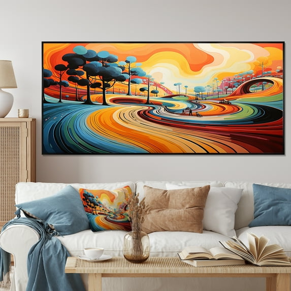 Designart "Fantasy Food Amid Colorful Meadow II" Oversized Landscapes Framed Wall Art - Traditional Yellow Meadow Bedroom Framed Canvas Wall Art