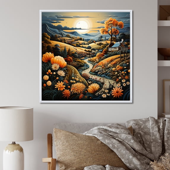 Designart "Fantasy Landscape of Rural Colors IV" Landscapes Framed Wall Art - Yellow Romantic Landscape Entryway Framed Wall Art