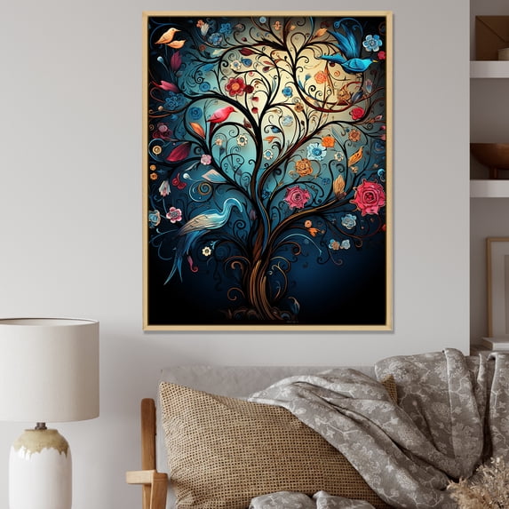 Designart "Fantasy Tree in Pink and Blue Floral III" Floral Framed Wall Art - Global Yellow Tree African Bedroom Framed Canvas Wall Art
