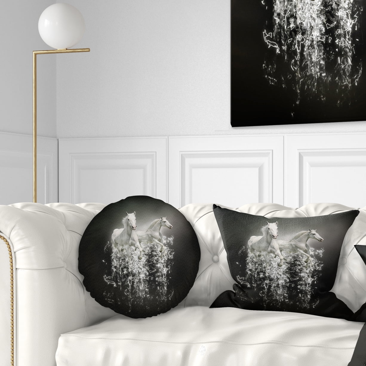 Designart Fantasy White Horses on Black - Animal Throw Pillow - 12x20