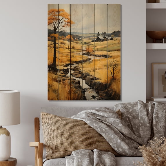 Designart "Farm Autumn Hues horizon IV" Landscape & Nature Print on Natural Pine Wood