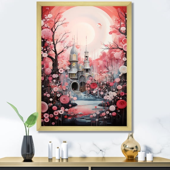 Designart "Farm Door Adorned with Pink Christmas Wreath II" Floral Framed Wall Art - Modern Pink Abstract Floral Hallway Framed Wall Art Decor