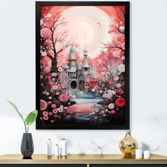 Designart "Farm Door Adorned with Pink Christmas Wreath II" Floral Framed Wall Art - Modern Pink Abstract Floral Hallway Framed Wall Art Decor