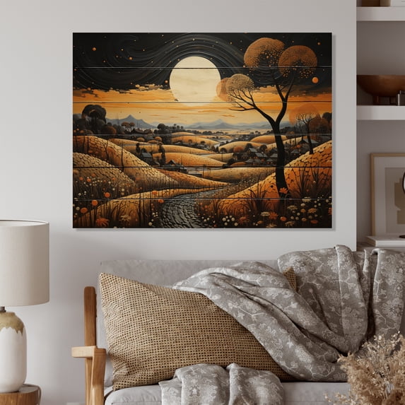 Designart "Farm Golden Harvest Painting V" Landscapes Print on Natural Pine Wood