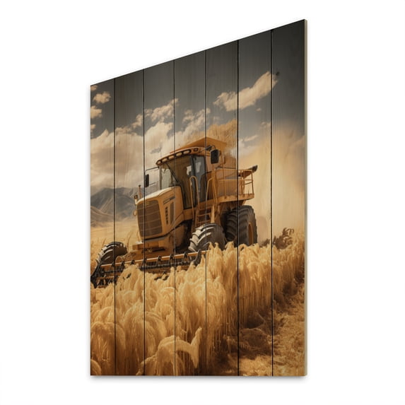 Designart "Farm Harvesting Gold landscape I" Country Charm Print on Natural Pine Wood
