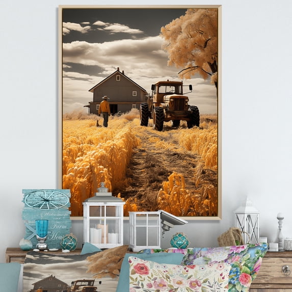 Designart "Farm Harvesting Gold landscape IV" Farm Floater Framed Canvas Print