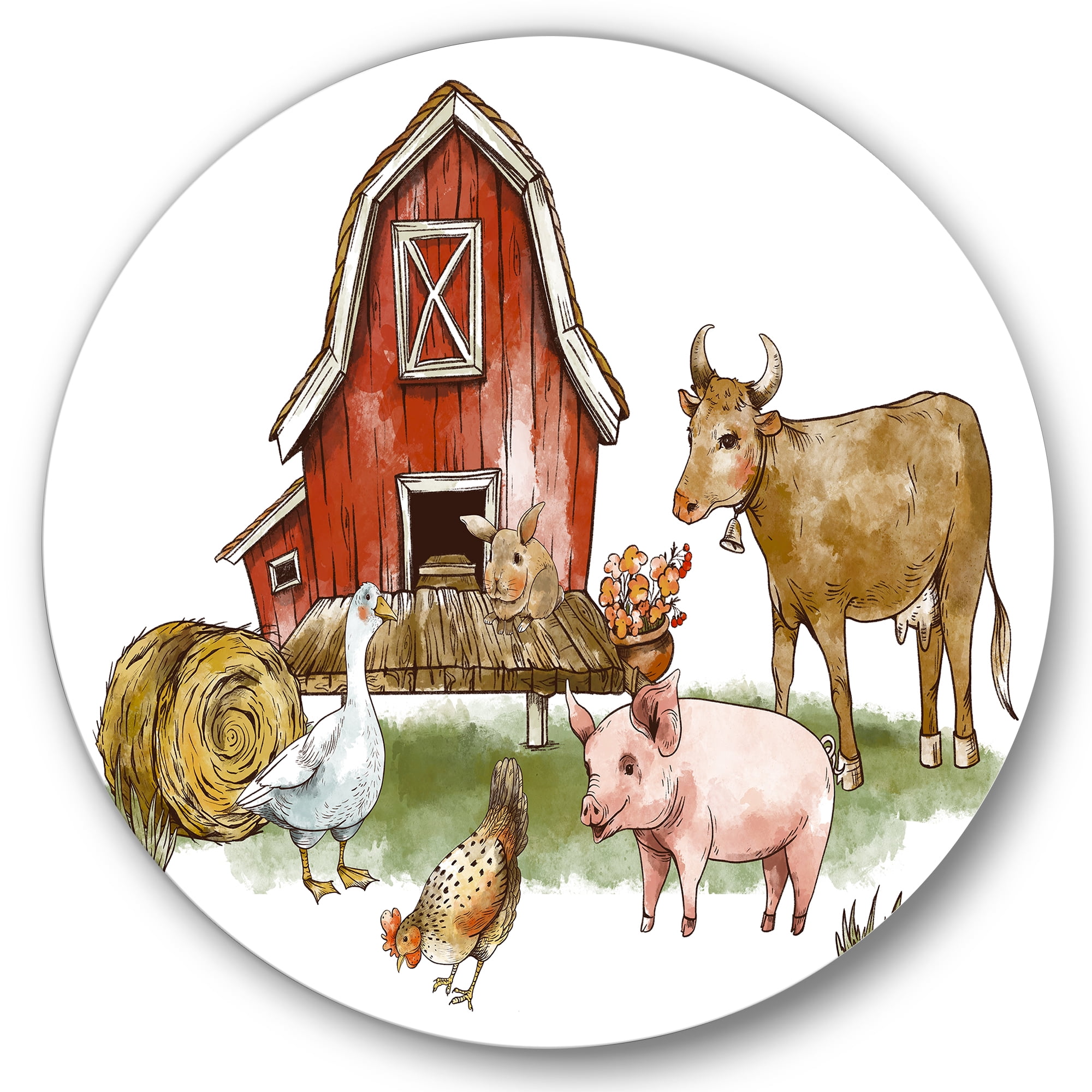 Designart 'Farm House With Goose Cow Pig Chicken and Haystack' Rustic Circle Metal Wall Art 11x11 - Disc of 11