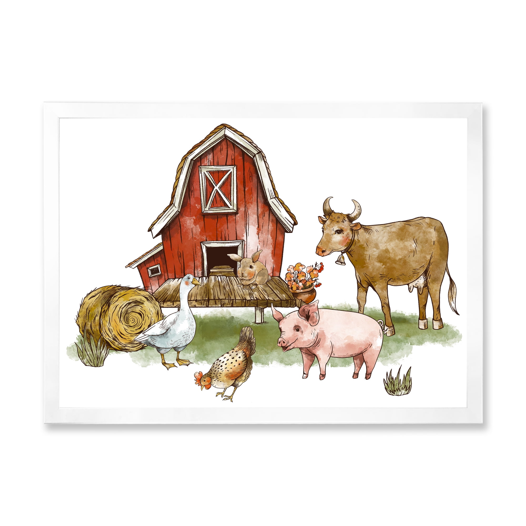 Designart 'Farm House With Goose Cow Pig Chicken and Haystack' Rustic Framed Art Print