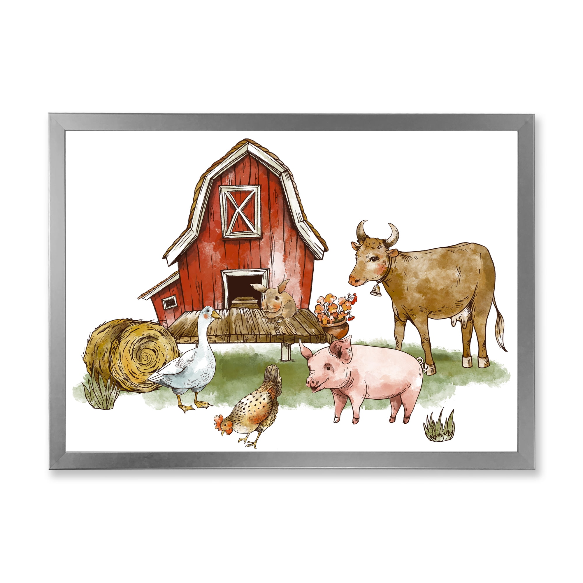 Designart 'Farm House With Goose Cow Pig Chicken and Haystack' Rustic Framed Art Print