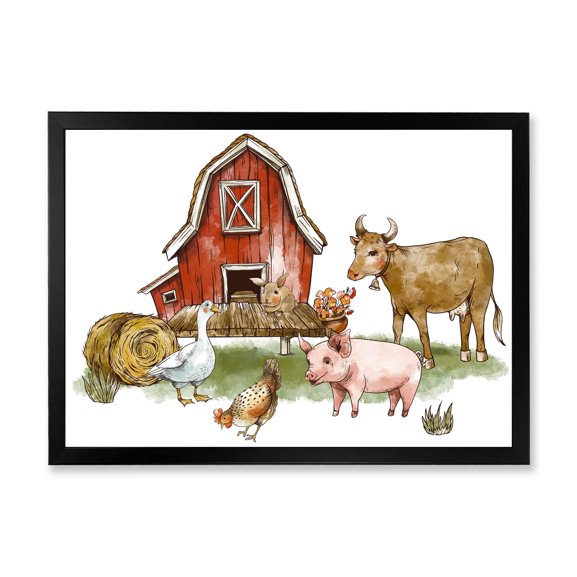 Designart 'Farm House With Goose Cow Pig Chicken and Haystack' Rustic Framed Art Print