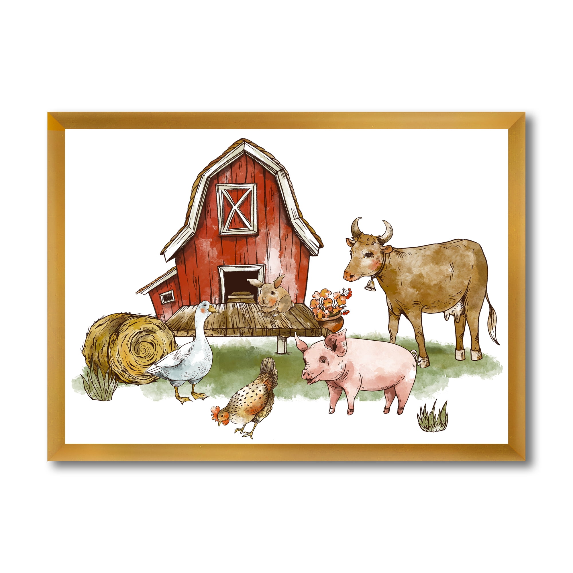 Designart 'Farm House With Goose Cow Pig Chicken and Haystack' Rustic Framed Art Print