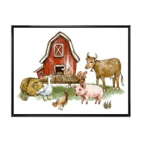 Designart 'Farm House With Goose Cow Pig Chicken and Haystack' Rustic Framed Canvas Wall Art Print