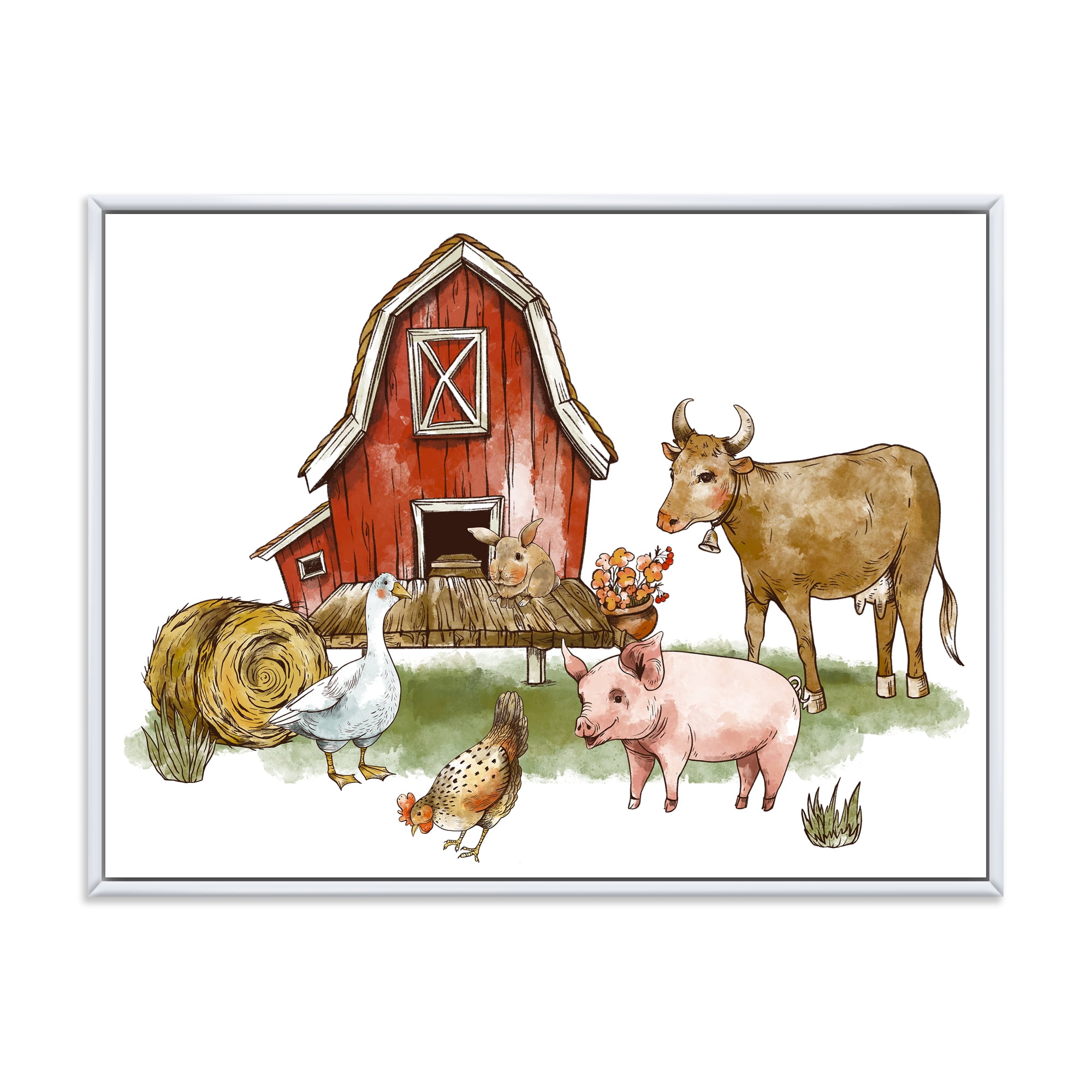 Designart 'Farm House With Goose Cow Pig Chicken and Haystack' Rustic Framed Canvas Wall Art Print