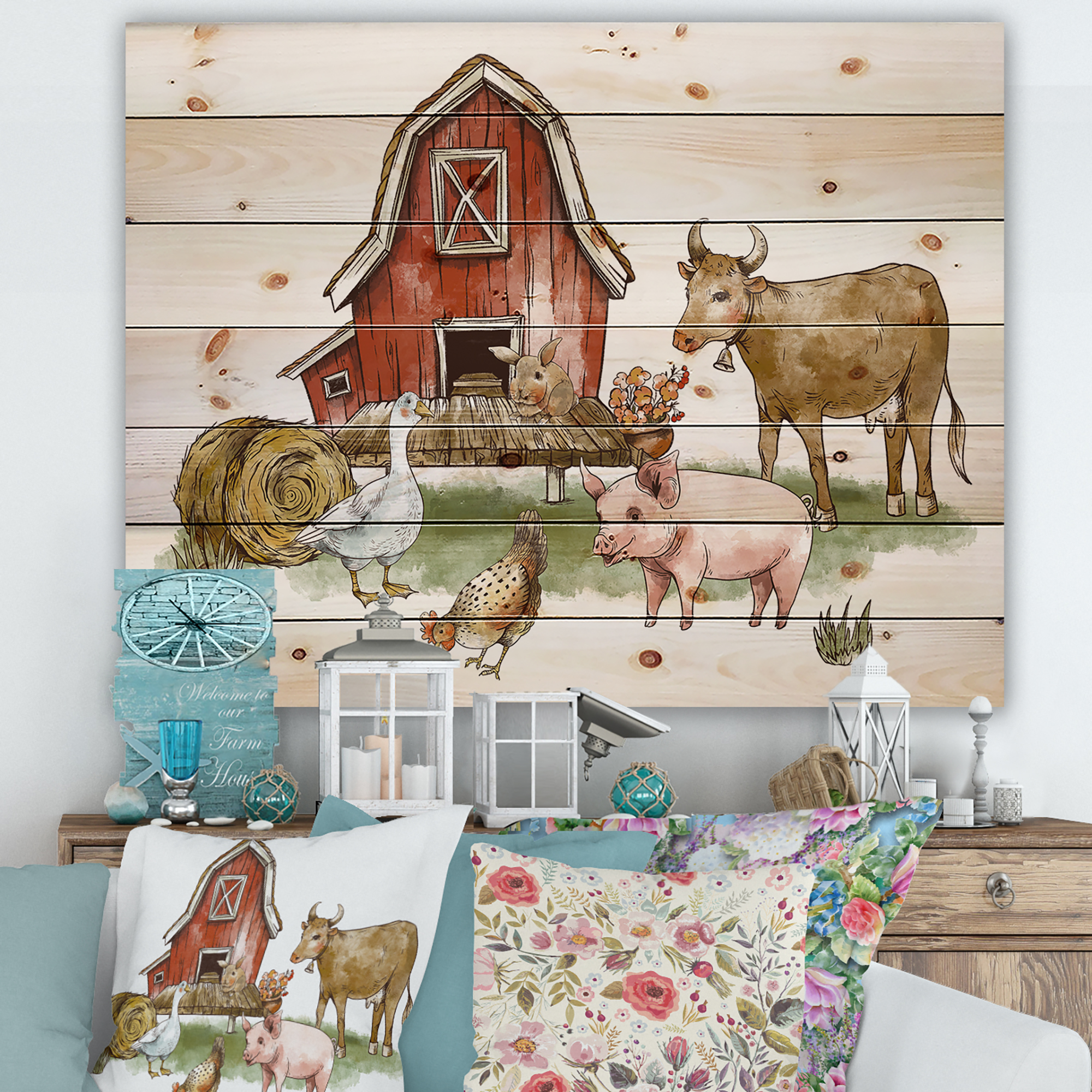 Designart 'Farm House With Goose Cow Pig Chicken and Haystack' Rustic Print on Natural Pine Wood