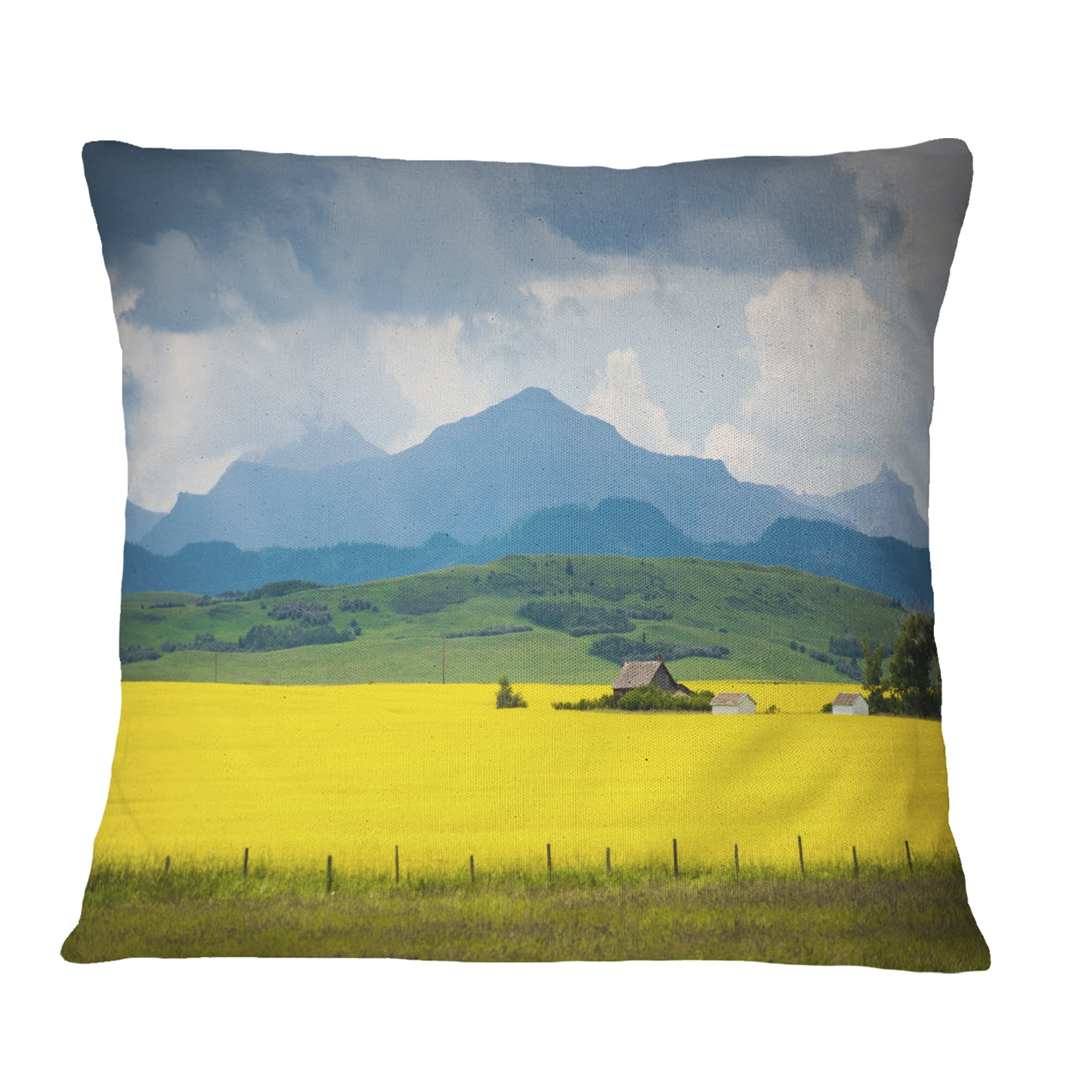 Designart Farm House in Field Of Canola - Landscape Printed Throw Pillow - 16x16