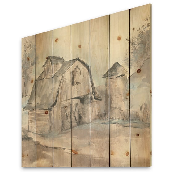 Designart 'Farmhouse Barn Grey V' Modern Farmhouse Print on Natural Pine Wood