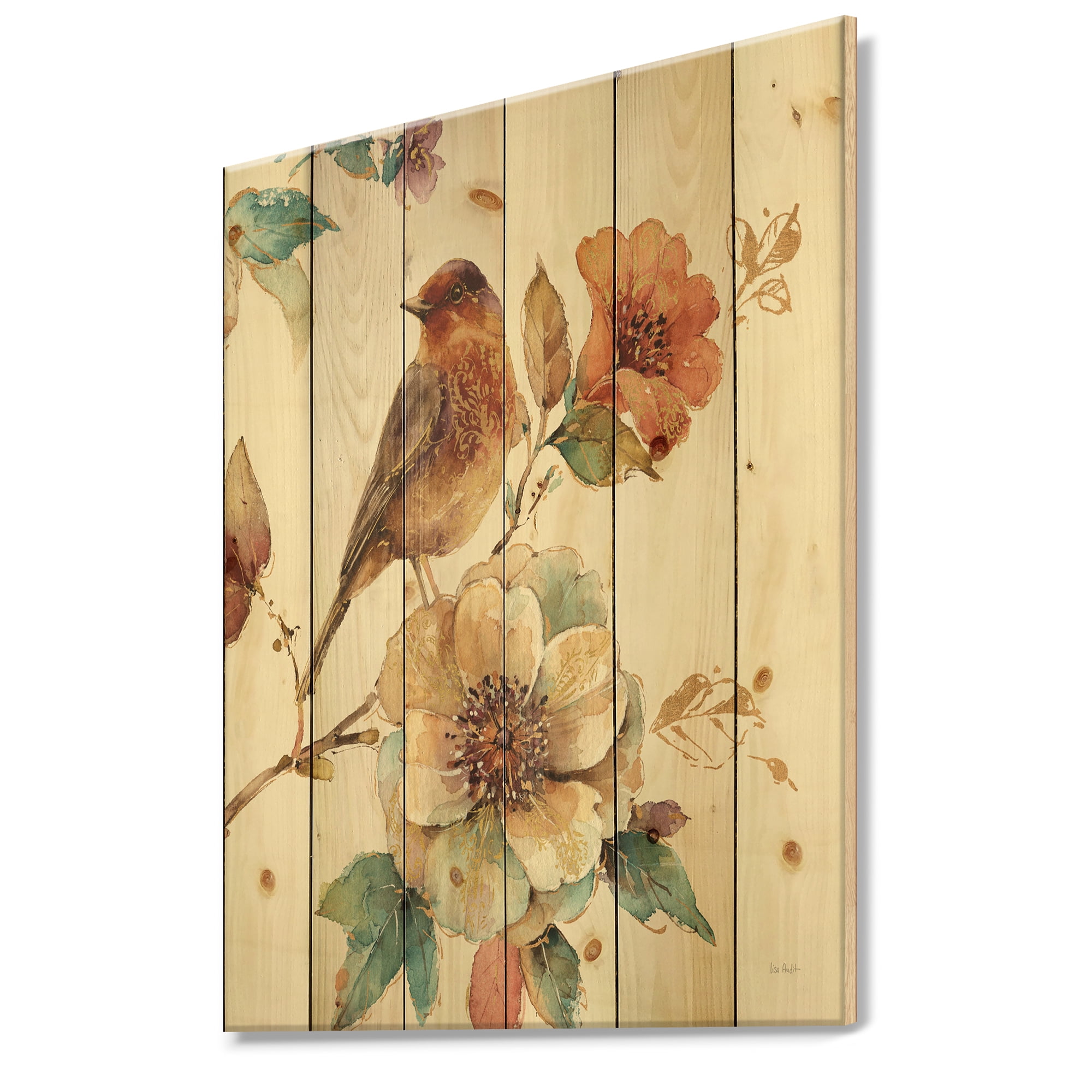 Designart 'Farmhouse Bird Sitting on Flower Branch' Traditional Print on Natural Pine Wood