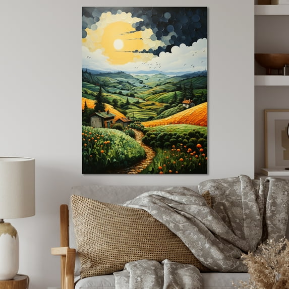 Designart "Farmhouse Country Charm Pointillism II" Landscape & Nature Metal Art Print