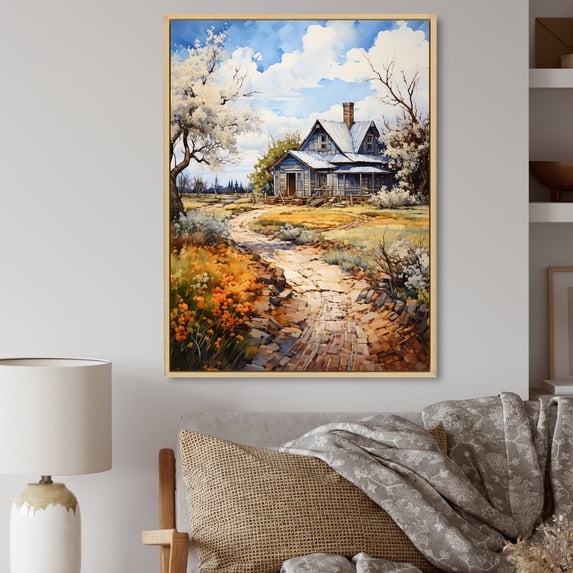 Designart "Farmhouse Country gracefulness Pointillism I" Landscape & Nature Floater Framed Canvas Art Print