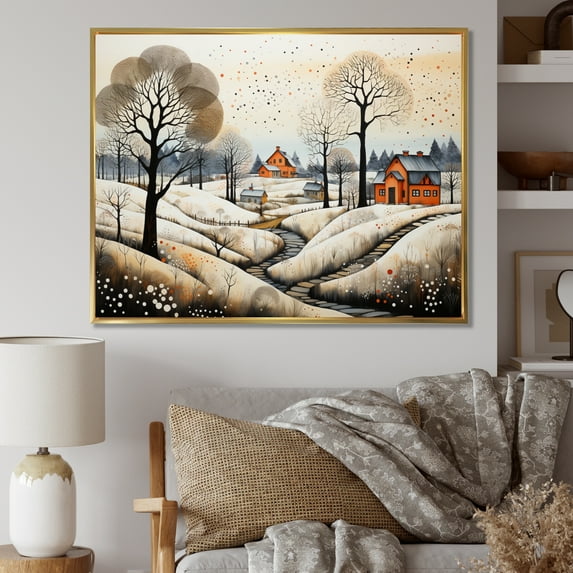Designart "Farmhouse Farmstead Winter Painting I" Farm Floater Framed Wall Art Living Room