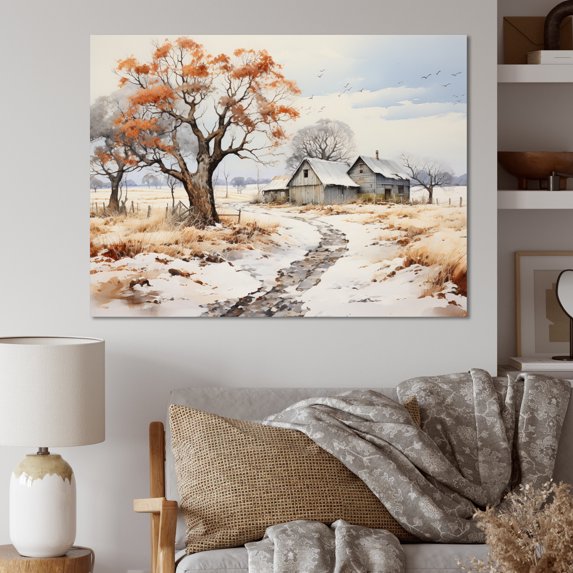 Designart "Farmhouse Farmstead Winter Painting II" Farm Canvas Wall Art