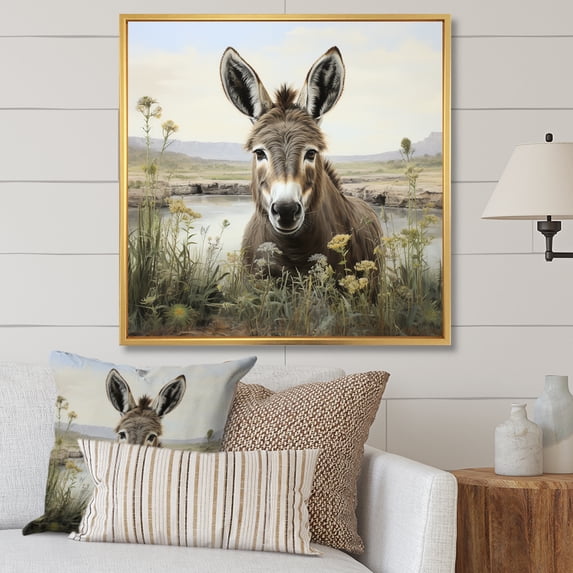 Designart "Farmhouse Field with Donkey III" Animals Framed Wall Art - Traditional Grey Donkey Bedroom Framed Canvas Wall Art