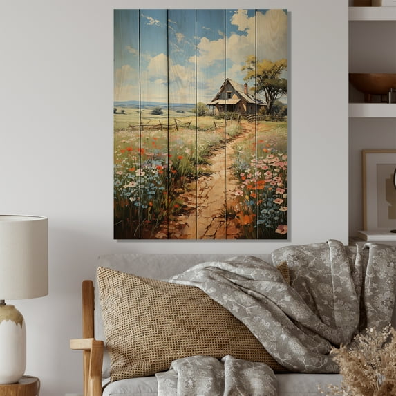 Designart "Farmhouse Impressionist landscapes I" Landscape & Nature Print on Natural Pine Wood